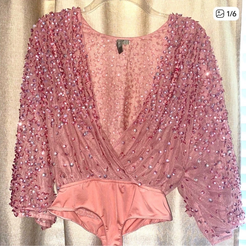 ASOS Pink Sequin Plunge V-Neck Bodysuit